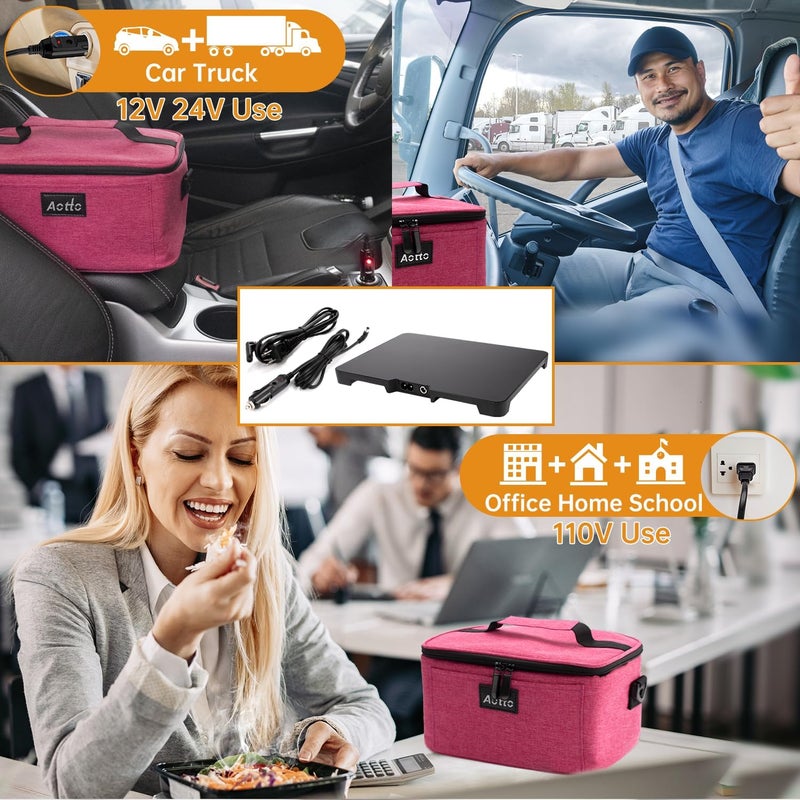 Aotto Portable Electric Lunch Box Food Heater, 12V/24V/110V 3-in-1 Car Food Warmer Heated Lunch Box for Adults, Cook, Reheat & Keep Meals Warm for Car, Truck, Travel, Work, Home - Pink - Image 2
